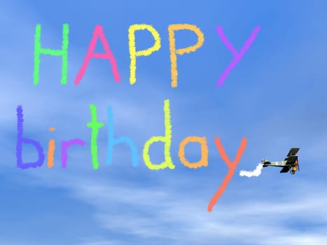Colorful happy birthday message from biplan smoke in blue sky - 3D render