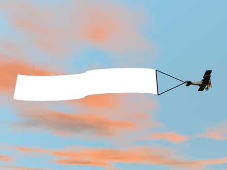 Biplane aircraft pulling advertisement banner in colorful sunset sky - 3D render