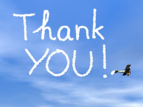 Thank you message from biplan smoke in blue sky - 3D render