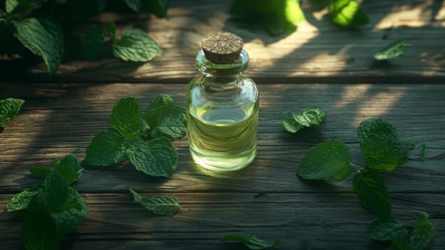 Peppermint essential oil in a small bottle, Generative AI, nature