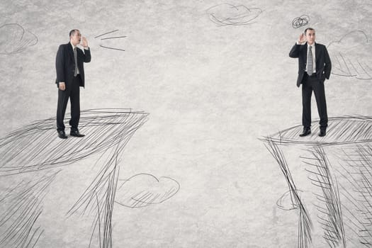 Business men communication from distance. Photo compilation with the same model and hand drawn background.