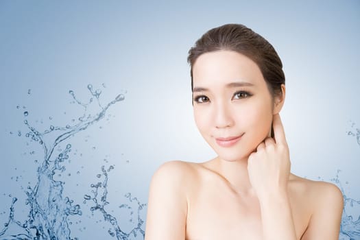 Asian beauty face with water, closeup portrait with clean and fresh elegant lady.
