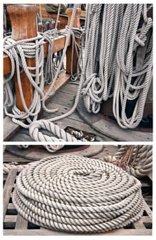 Ropes on the deck, naval collage on yachting