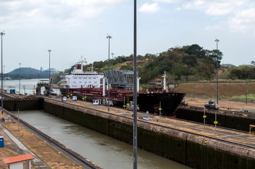 Transport ship at the Miraflores locks, Panama Canal, Panama.