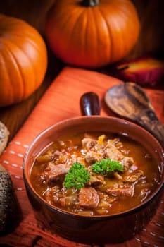 Gourmet hearty goulash soup - traditional Hungarian cuisine