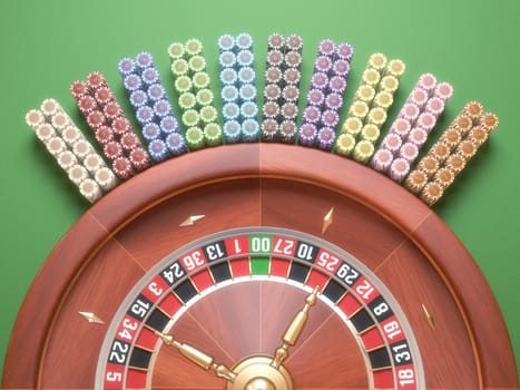 Colored casino chips arranged around the roulette.