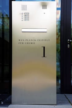 Mainz,Germany – September 05,2014: The entrance sign of the Max Planck Institute for Chemistry on the grounds of Johannes Gutenberg University on September 5in Mainz.