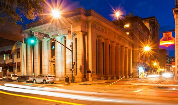 downtown city streets in Savannah, Georgia at night