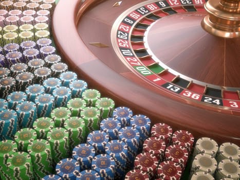 Colored casino chips arranged around the roulette.