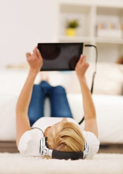 Blonde woman listening to music