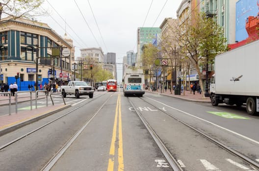 Market street in Downtown and South in San Francisco city, California, United States of America. A view of the road transport, shops, architecture, cable car lines and cityscape