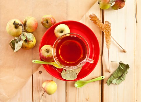 Organic fruechtetee with apple in glass cup