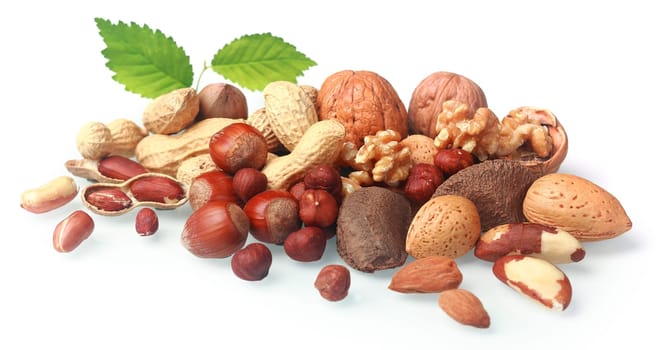 Assortment of fresh nuts both in their shells and shelled arranged in a pile on a white background with green leaves including almonds, hazelnuts, brazil nuts, peanuts and walnuts
