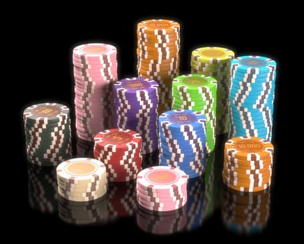 Colorful chips on black background. Concept of casino and gambling. Clipping path on the chips.