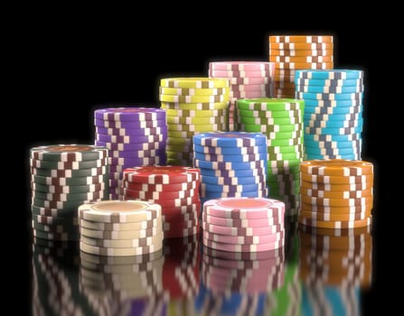 Colorful chips on black background. Concept of casino and gambling. Clipping path on the chips.