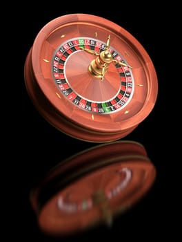 Roulette casino on black reflective background. Clipping path included.