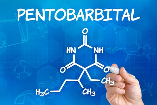 Hand with pen draws chemical structural formula of pentobarbital