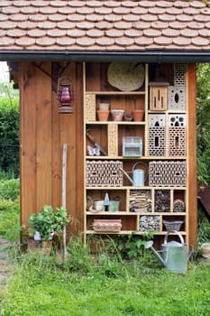 Insect hotel at a garden hut