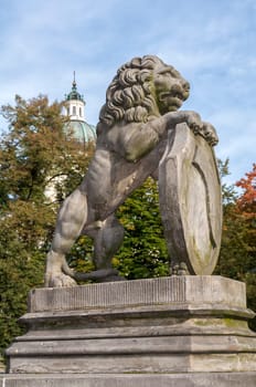 Rampant lion at the Mausoleum of Aleksandra and Stanislaw Kostka Potocki in Wilanow, Warsaw.