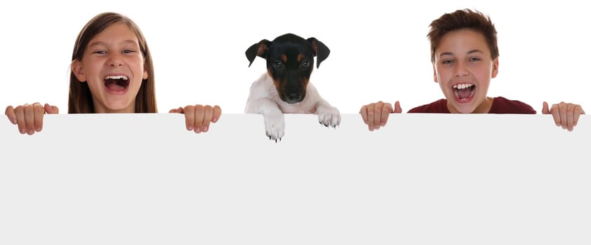 Children and dogs have fun with empty sign and text space,isolated against a white background