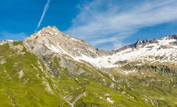 Mountain landscape with meadows and snow-capped peaks