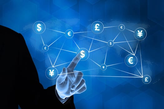 hand pushing currency with global networking concept