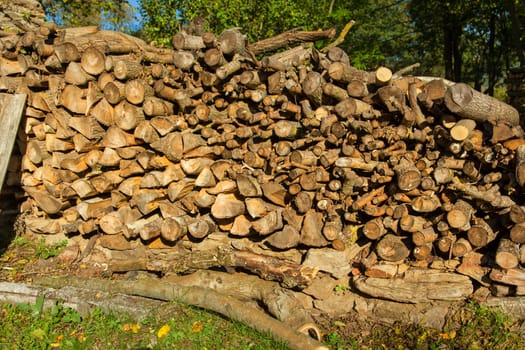 Pile of wood logs ready for winter in the garden