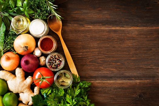 Vegetables on old wooden background overhead close up shoot