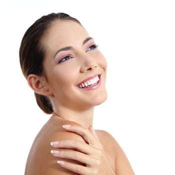 Beauty woman face with soft make up and beautiful smile isolated on a white background