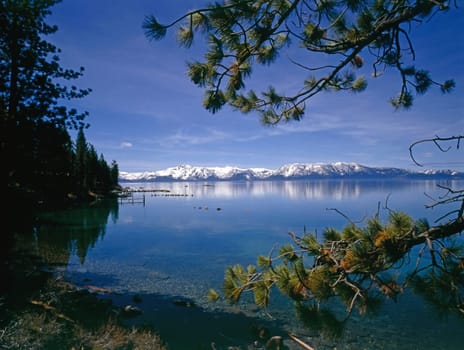 Lake Tahoe with snowy peaks in California