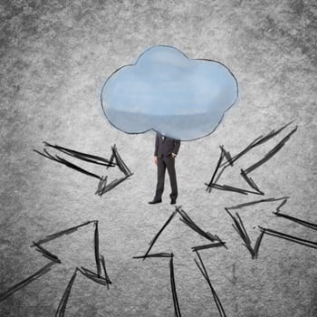 Young businessman with head behind the clouds.