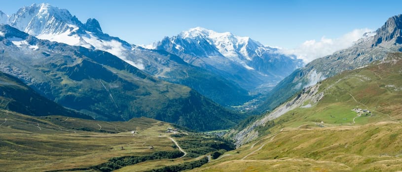 French countryside with Mont Blanc mountain range in the background
