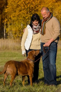 Mature couple with retriever dog embracing in autumn sunny park