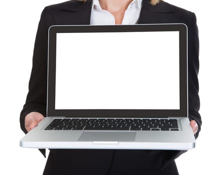 Portrait Of Happy Female Architect Holding Laptop Over White Background