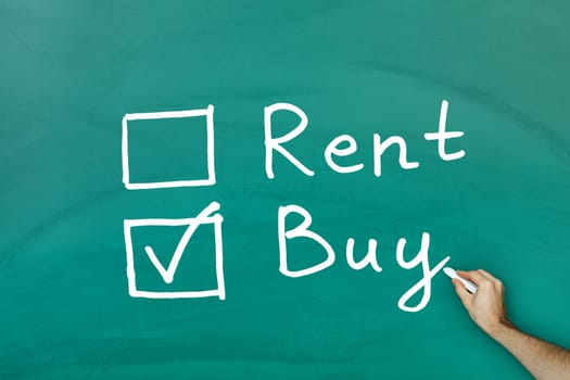 Buy not rent concept on green blackboard