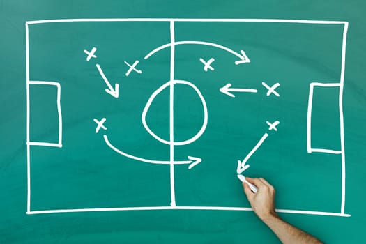 Hand writing football game strategy on green blackboard