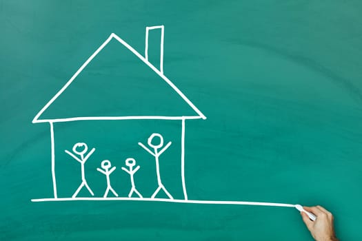Family at home concept on green blackboard
