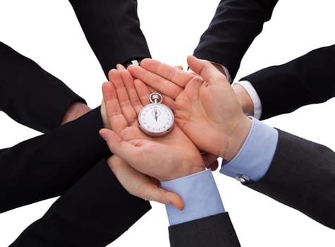 Group Of Businesspeople Holding Stopwatch Over White Background