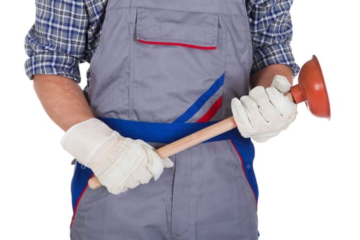 Portrait Of Male Plumber Holding Plunger isolated Over White Background