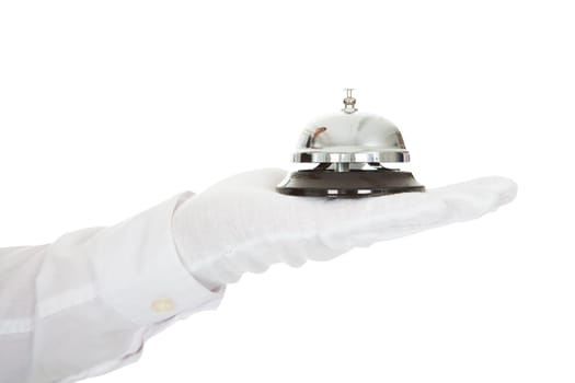 Waiter In White Gloves Holding A Service Bell Isolated Over White Background