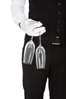 Waiter Holding Champagne Glasses Over White Background
