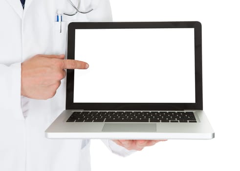 Happy Male Doctor Showing On Laptop Over White Background