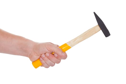 Close-up Of Hand Holding Hammer Isolated Over White Background