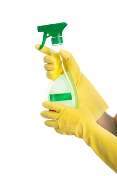 Close-up on female hands spraying cleaner liquid. Isolated on white