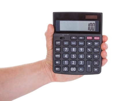 Close-up Of Male Hand Holding Calculator Over White Background