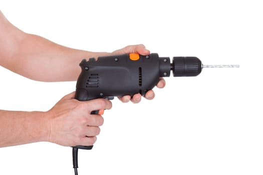 Close-up Of Male Hand Holding Drill Tool Over White Background