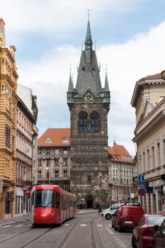 Modern red tram in Prague, Czech Republic