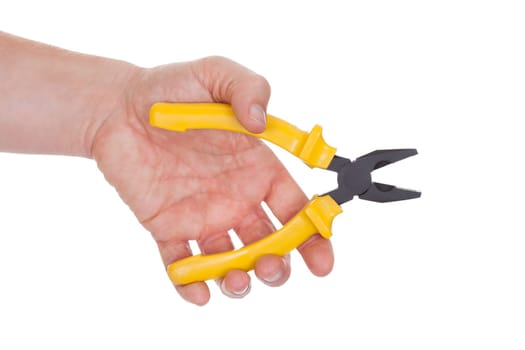 Close-up Of Hand Holding Plier Isolated Over White Background