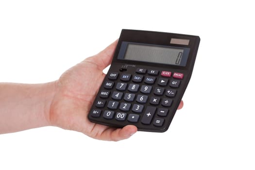 Close-up Of Male Hand Holding Calculator Over White Background