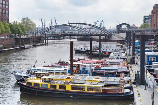 Ships at the pierin Speicherstadt Hamburg, Warehouse district, Germany